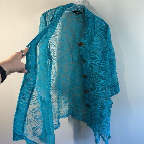 Kaktus Textured Turquoise Lagenlook Slouch Pockets Jacket Wooden Button Front L - Picture 10 of 16